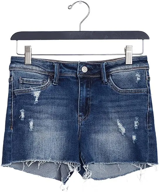 VERVET by Flying Monkey Frayed Hem Distressed Medium Blue Denim Shorts Mid-Rise