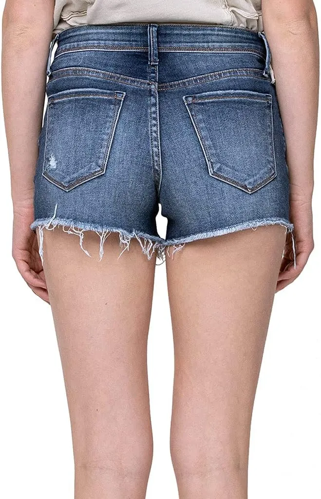 VERVET by Flying Monkey Frayed Hem Distressed Medium Blue Denim Shorts Mid-Rise
