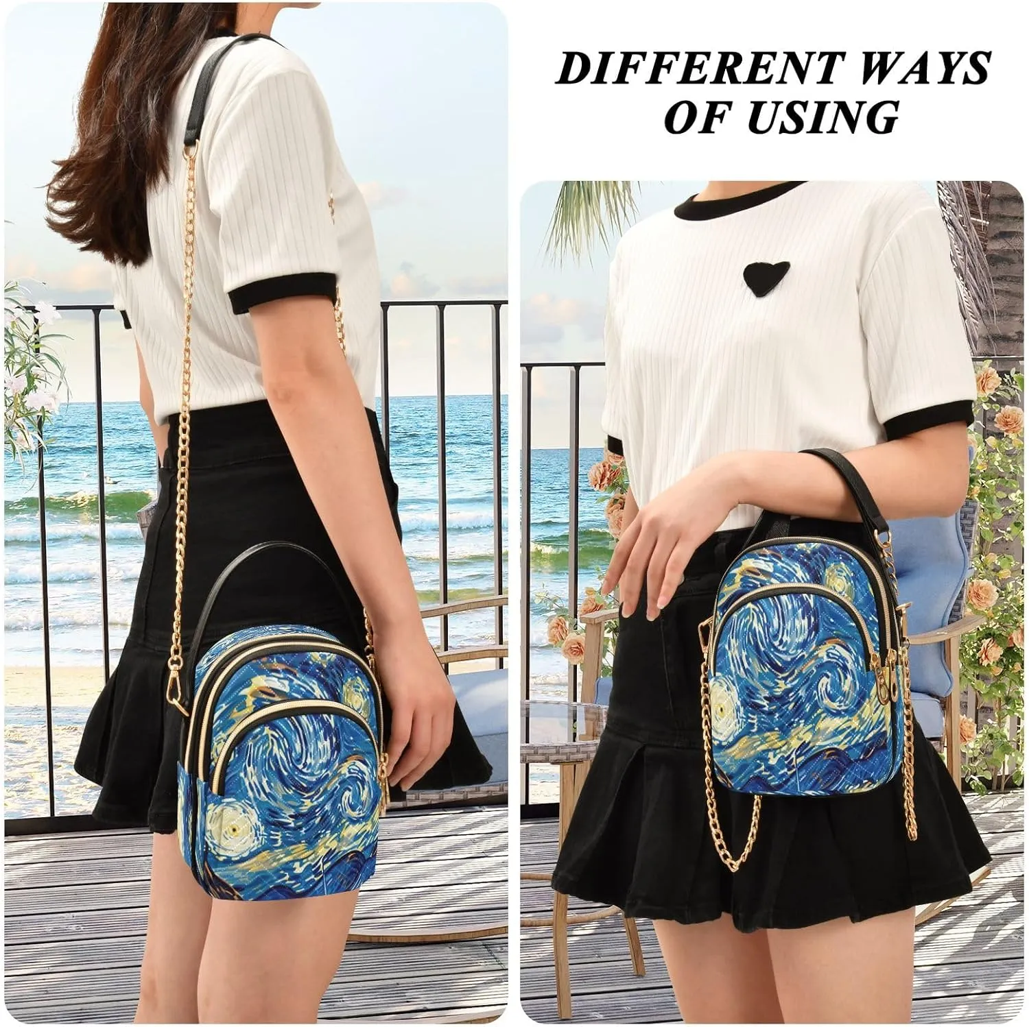 Vibrant Colors Starry Night Village Cross Body Purses for Women, Womens Shoulder Purse Multi Pockets Summer Handbags