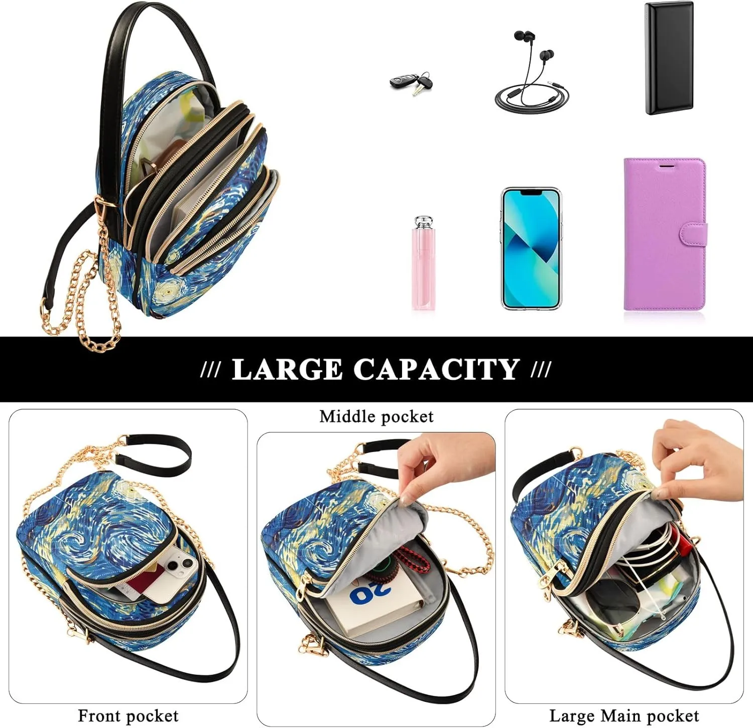 Vibrant Colors Starry Night Village Cross Body Purses for Women, Womens Shoulder Purse Multi Pockets Summer Handbags