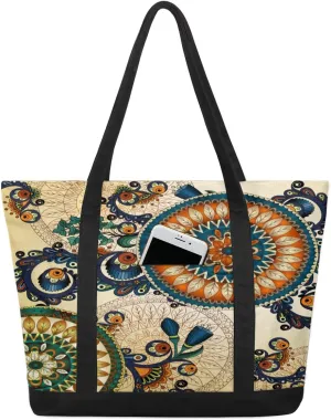 Vintage Boho Print Tote Bag for Women Work Canvas Travel Tote Bags with Zipper Large Capacity Casual Handbag with Inner Pockets Reusable Shopping Shoulder Bag for Teacher Nurse