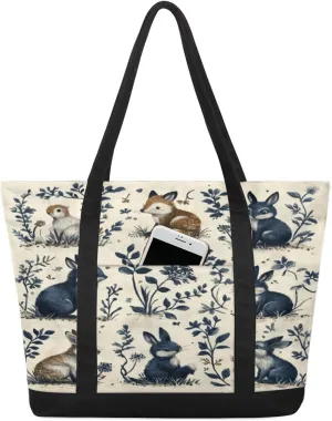 Vintage Flower Rabbit Canvas Tote Bag Casual Shoulder Handbag Large Shopping Bags With 5 Pocket Carry On Weekender Backpack for Women Travel Work Gifts Duffle Grocery Compartment