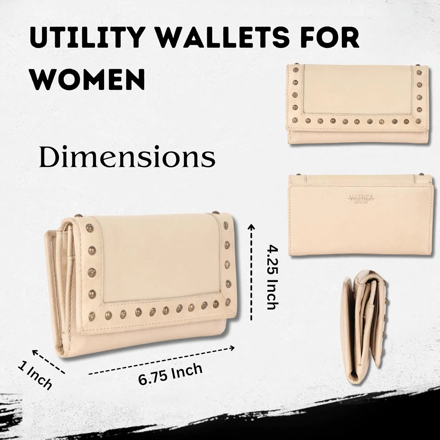 Vintage Italian Leather Boho Studded Trifold Wallet – Zipper Coin Purse & Credit Card Holder for Women (Beige)