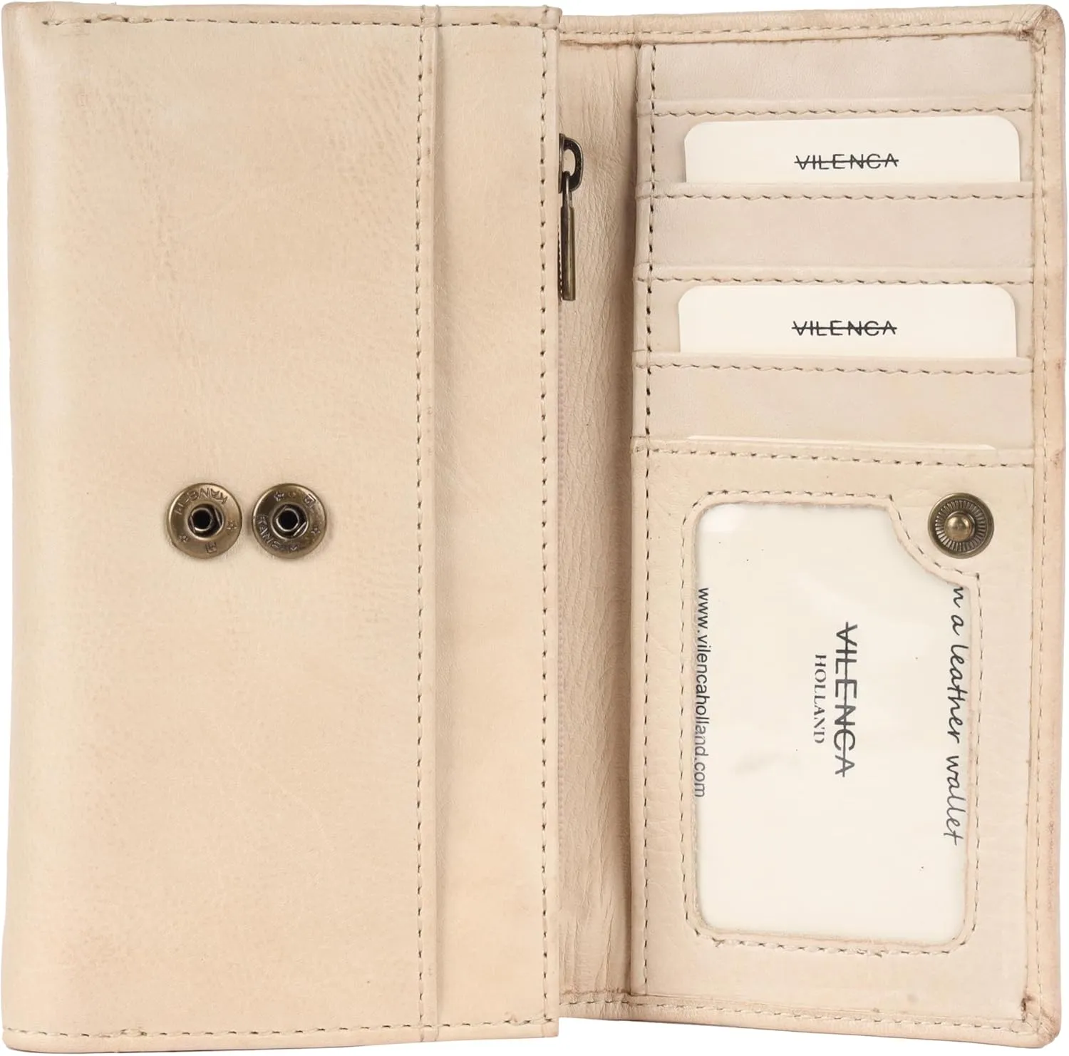 Vintage Italian Leather Boho Studded Trifold Wallet – Zipper Coin Purse & Credit Card Holder for Women (Beige)