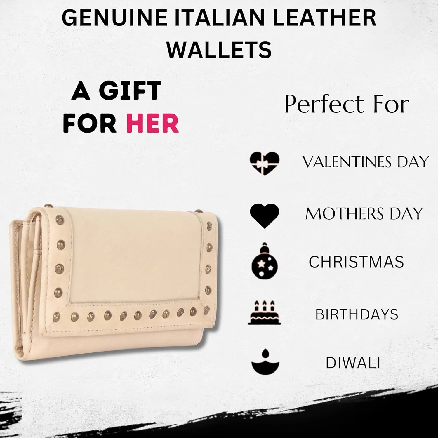 Vintage Italian Leather Boho Studded Trifold Wallet – Zipper Coin Purse & Credit Card Holder for Women (Beige)