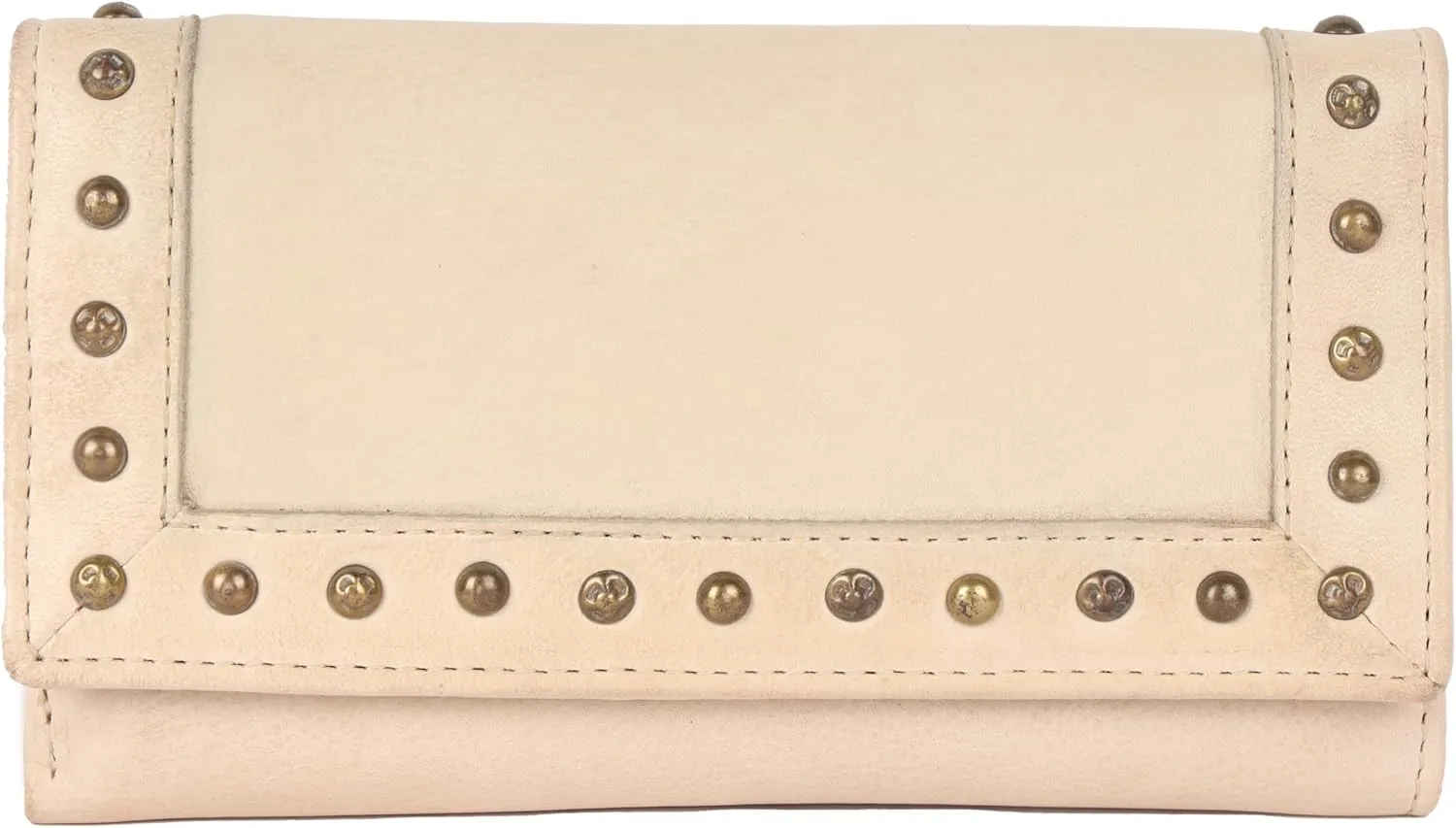 Vintage Italian Leather Boho Studded Trifold Wallet – Zipper Coin Purse & Credit Card Holder for Women (Beige)