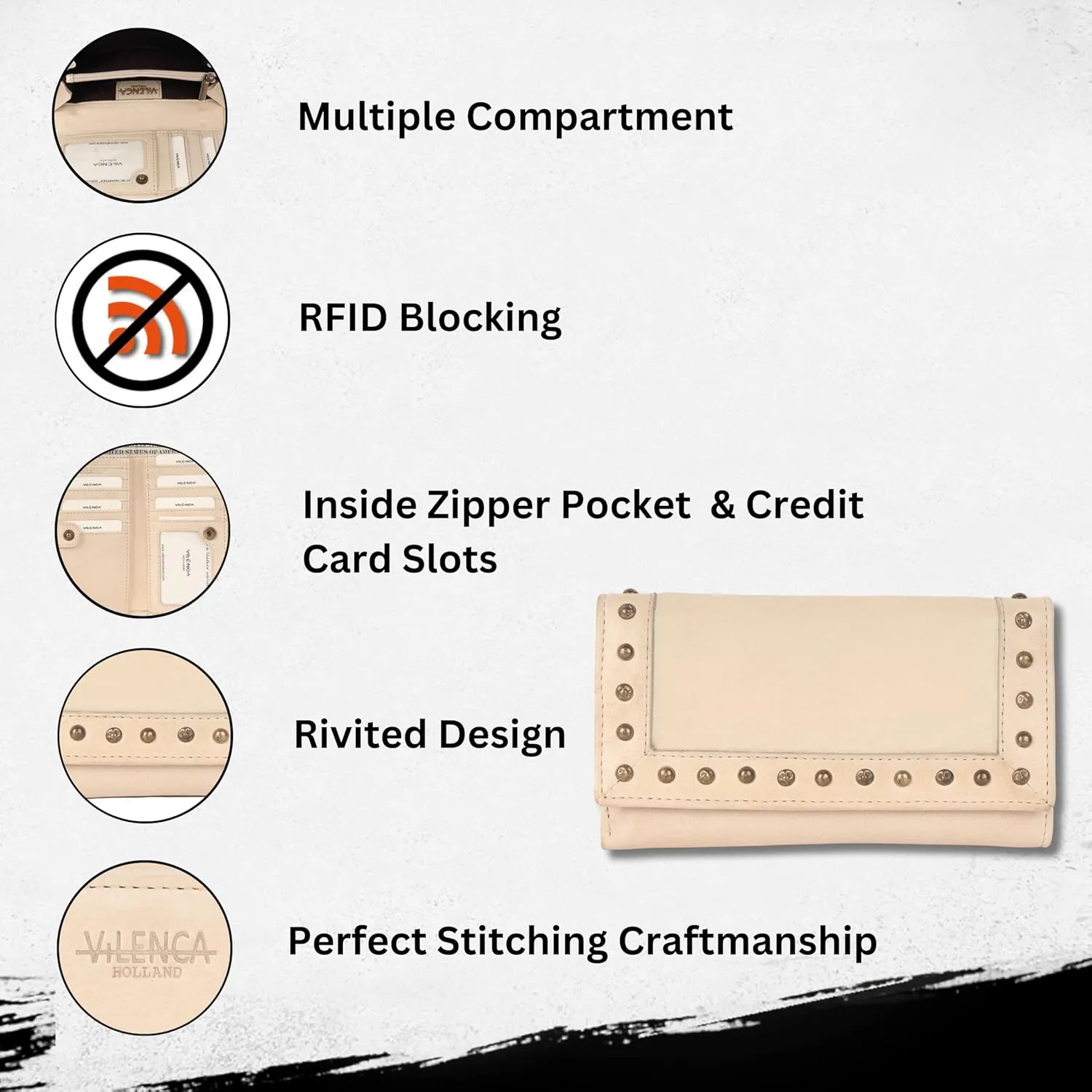 Vintage Italian Leather Boho Studded Trifold Wallet – Zipper Coin Purse & Credit Card Holder for Women (Beige)