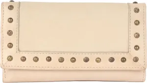 Vintage Italian Leather Boho Studded Trifold Wallet – Zipper Coin Purse & Credit Card Holder for Women (Beige)