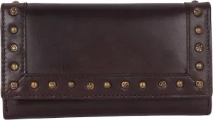 Vintage Italian Leather Boho Studded Trifold Wallet – Zipper Coin Purse & Credit Card Holder for Women (Brown)