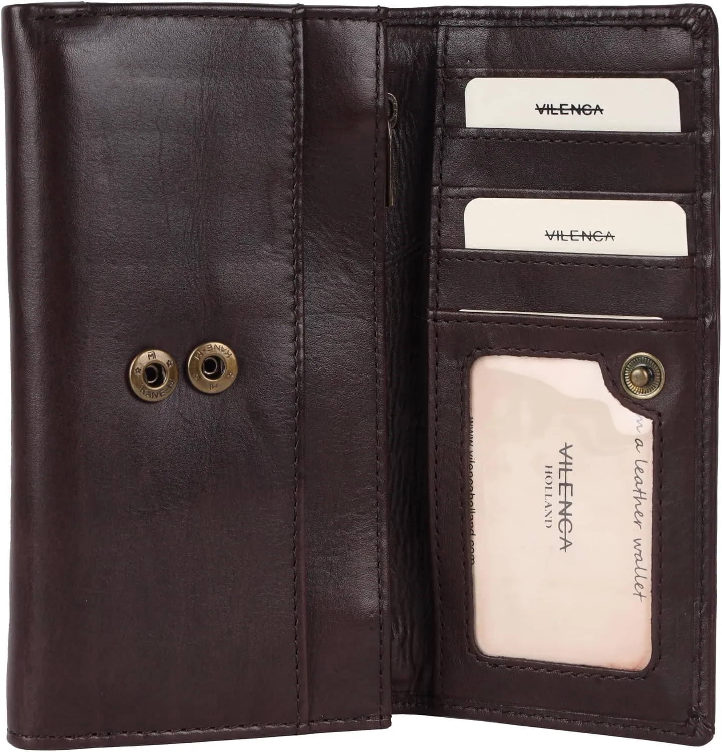Vintage Italian Leather Boho Studded Trifold Wallet – Zipper Coin Purse & Credit Card Holder for Women (Brown)