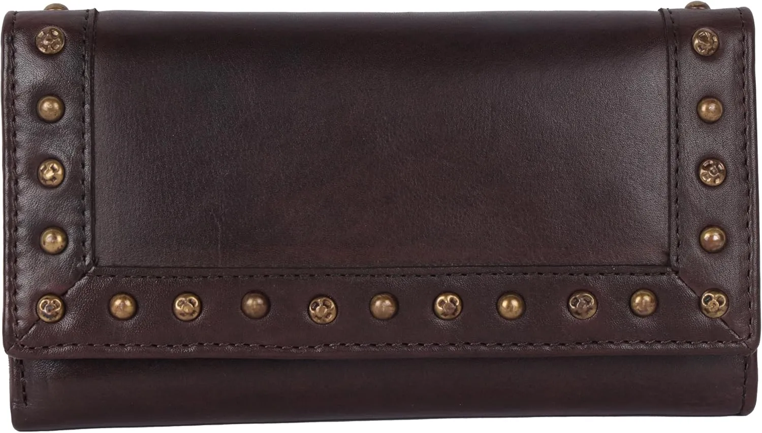 Vintage Italian Leather Boho Studded Trifold Wallet – Zipper Coin Purse & Credit Card Holder for Women (Brown)