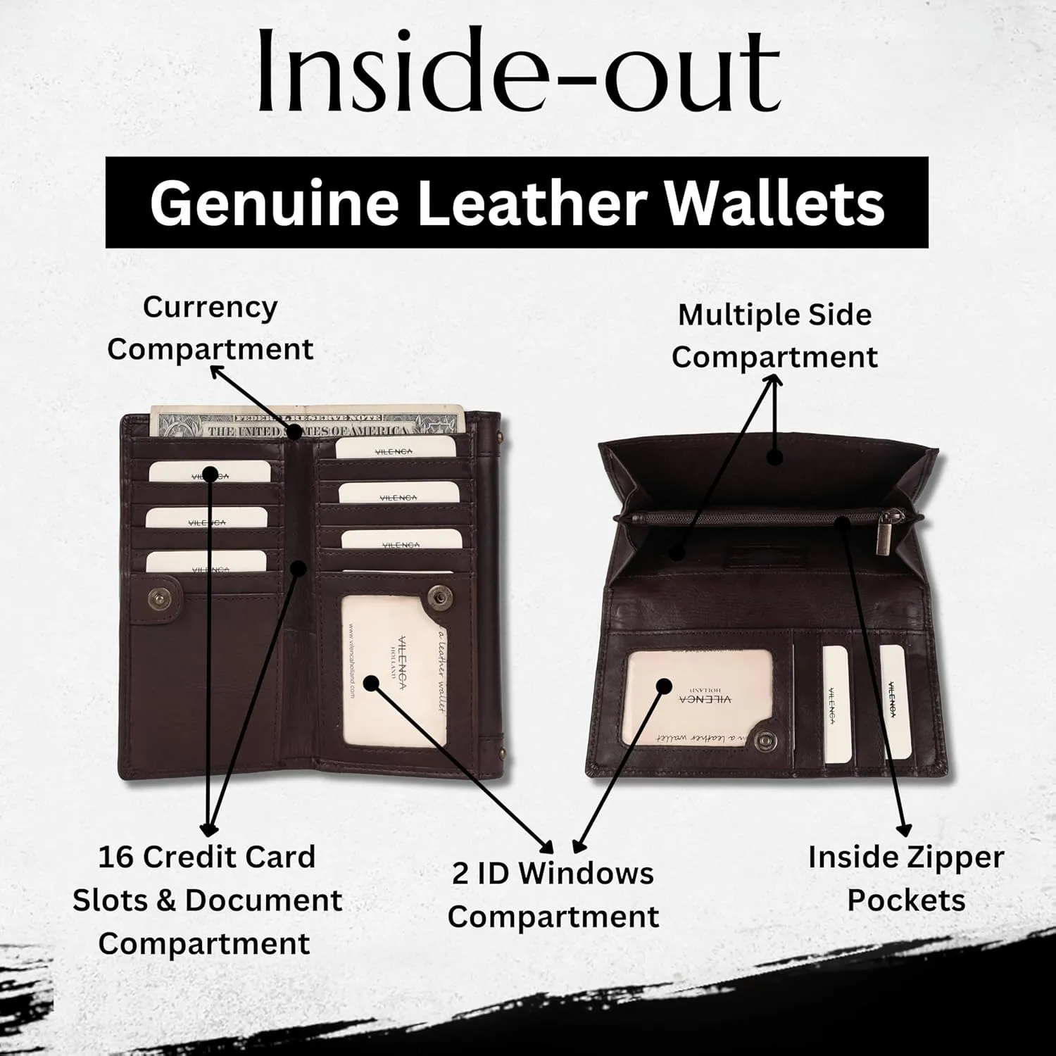 Vintage Italian Leather Boho Studded Trifold Wallet – Zipper Coin Purse & Credit Card Holder for Women (Brown)