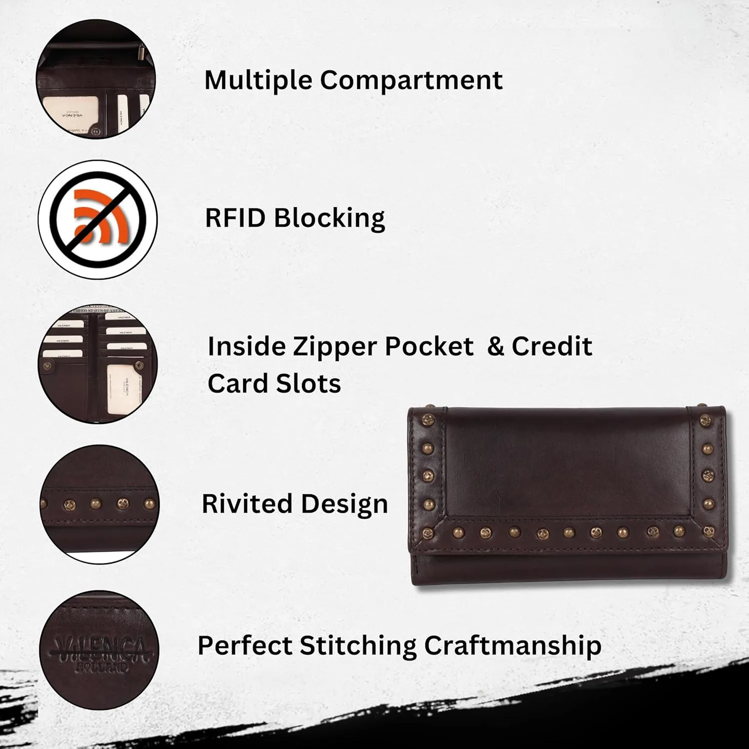 Vintage Italian Leather Boho Studded Trifold Wallet – Zipper Coin Purse & Credit Card Holder for Women (Brown)