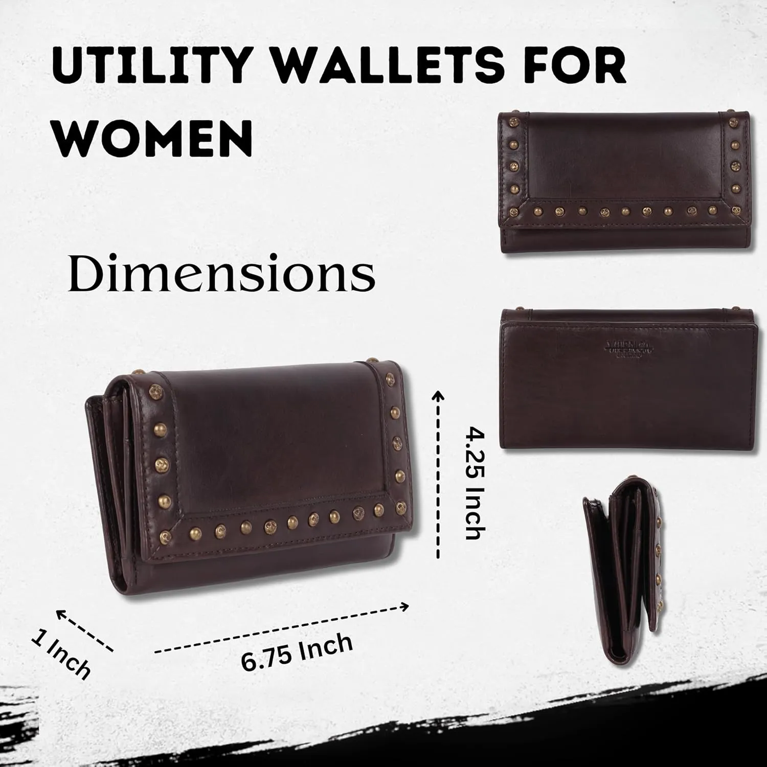 Vintage Italian Leather Boho Studded Trifold Wallet – Zipper Coin Purse & Credit Card Holder for Women (Brown)
