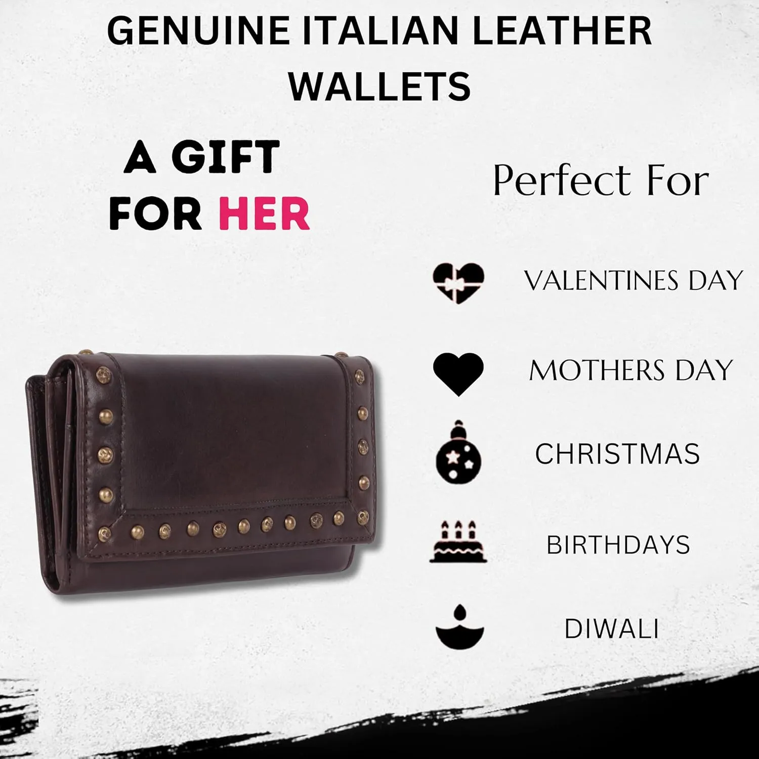 Vintage Italian Leather Boho Studded Trifold Wallet – Zipper Coin Purse & Credit Card Holder for Women (Brown)