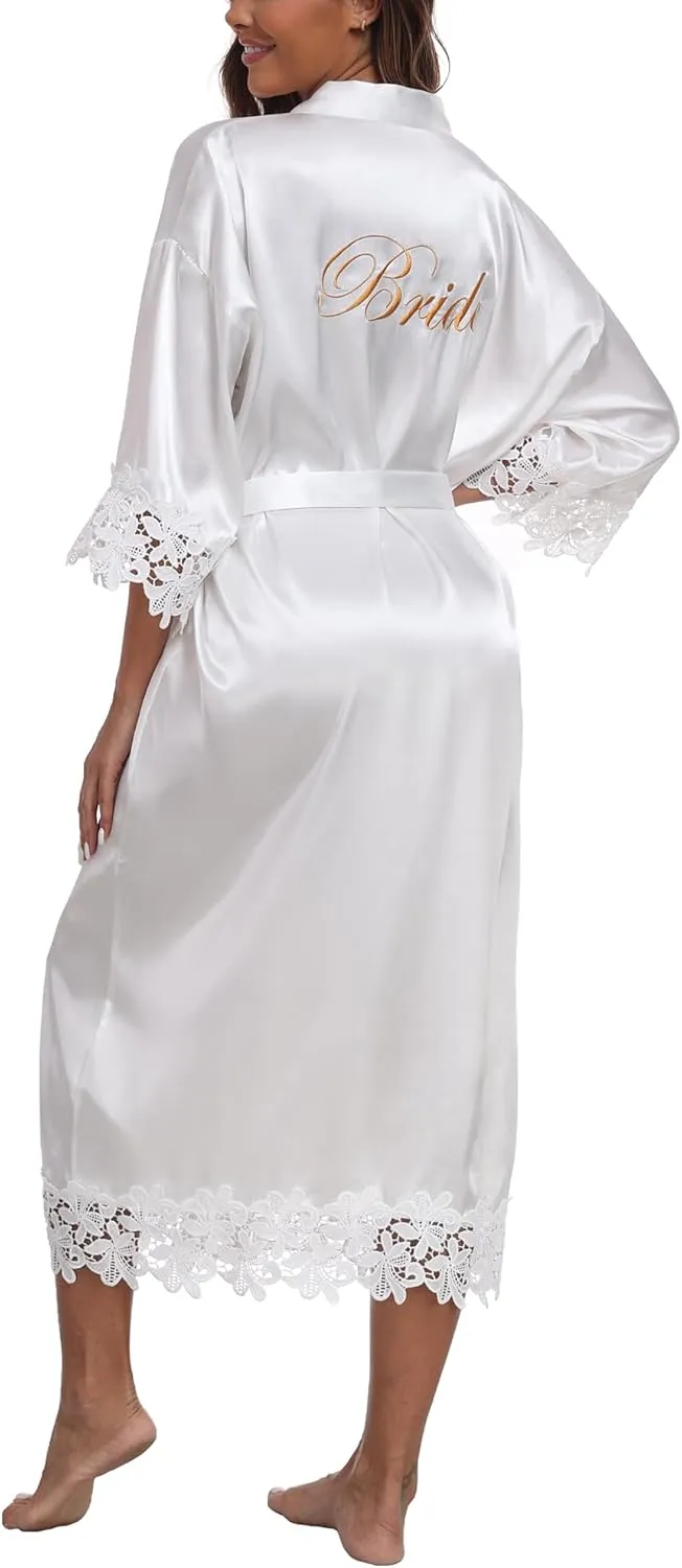 VOGUEMAX Womens Long Bride Bridesmaid Robe Lace Trim Sleepwear Getting Ready of Wedding Silky Kimono Robe