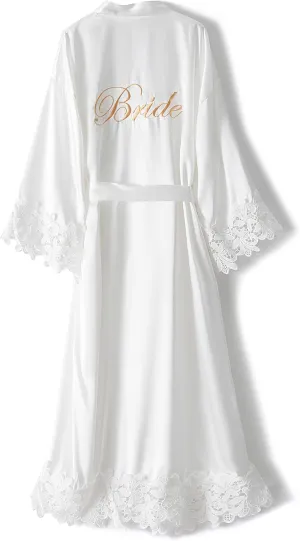 VOGUEMAX Womens Long Bride Bridesmaid Robe Lace Trim Sleepwear Getting Ready of Wedding Silky Kimono Robe