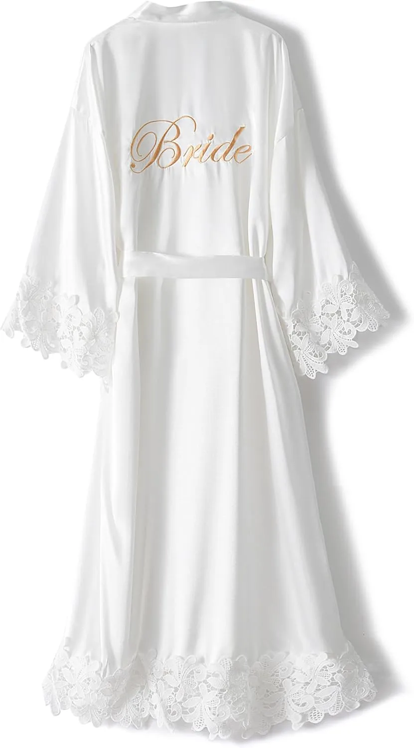 VOGUEMAX Womens Long Bride Bridesmaid Robe Lace Trim Sleepwear Getting Ready of Wedding Silky Kimono Robe