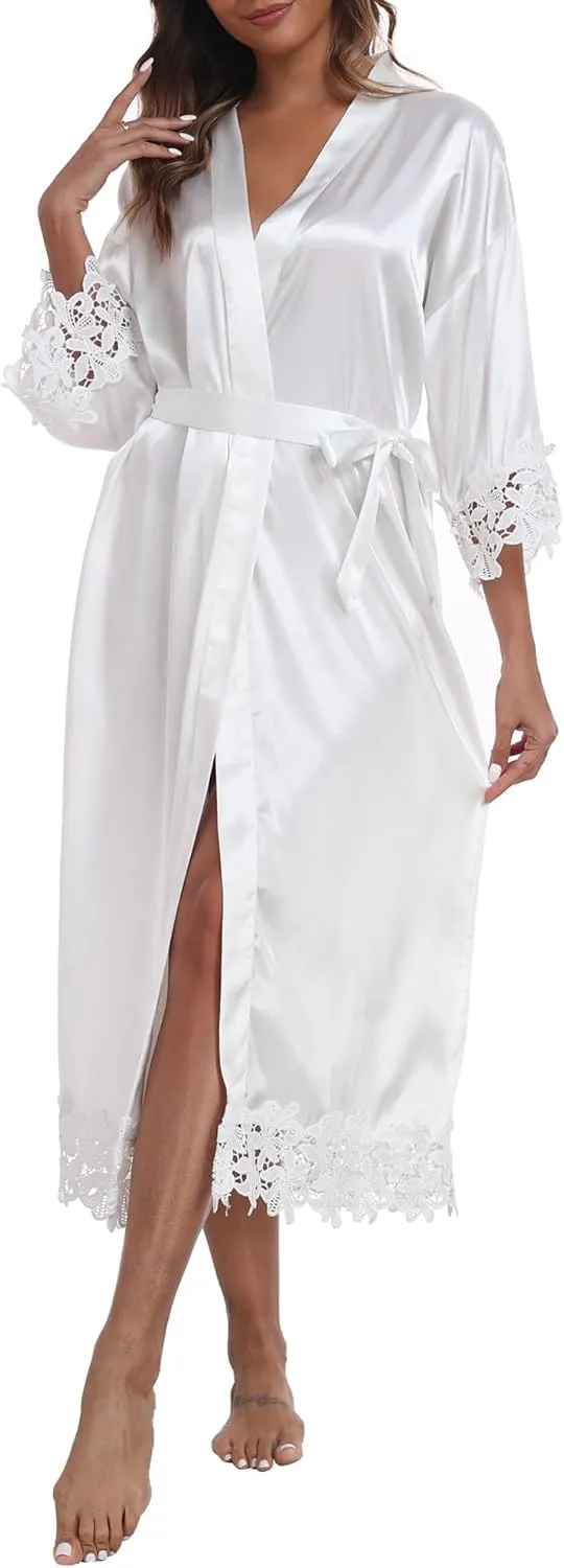 VOGUEMAX Womens Long Bride Bridesmaid Robe Lace Trim Sleepwear Getting Ready of Wedding Silky Kimono Robe