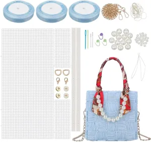 WADORN DIY Knitting Crochet Handbag Kits, Handmade Woven Bag Making Cross Stitch Mesh Plastic Canvas Sheets Set Hand-Knit Craft Shoulder Bags Needlepoint Kit with Ribbon Materials, Blue