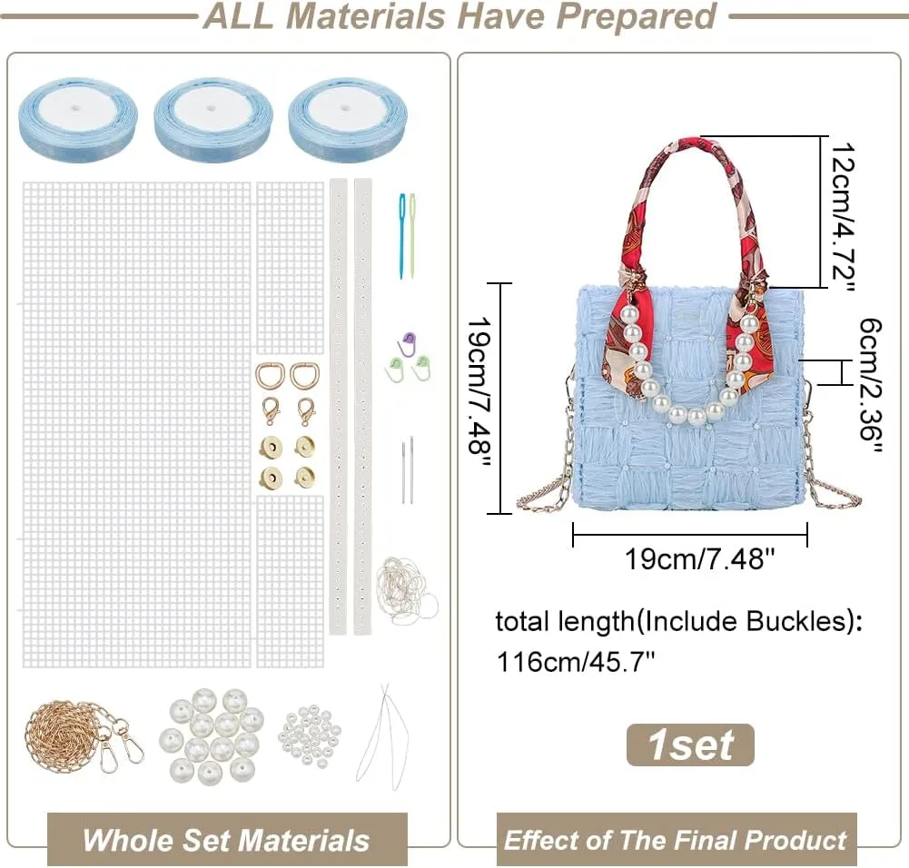 WADORN DIY Knitting Crochet Handbag Kits, Handmade Woven Bag Making Cross Stitch Mesh Plastic Canvas Sheets Set Hand-Knit Craft Shoulder Bags Needlepoint Kit with Ribbon Materials, Blue