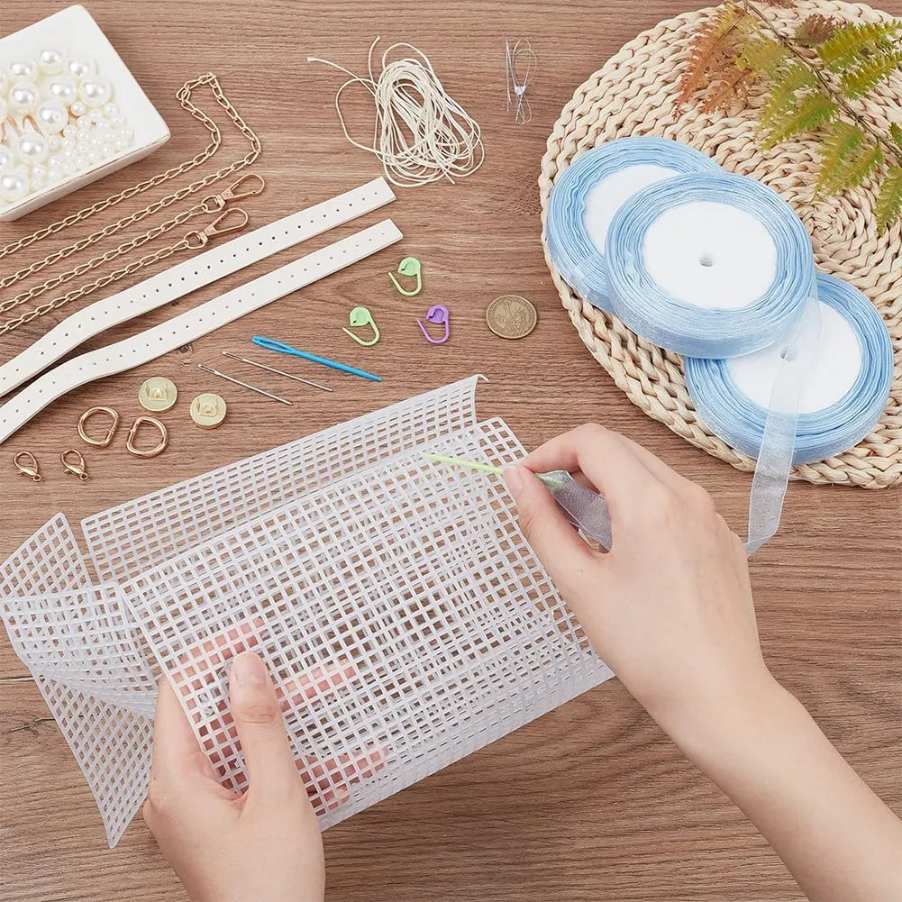 WADORN DIY Knitting Crochet Handbag Kits, Handmade Woven Bag Making Cross Stitch Mesh Plastic Canvas Sheets Set Hand-Knit Craft Shoulder Bags Needlepoint Kit with Ribbon Materials, Blue