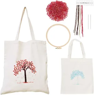 WADORN DIY Tote Canvas Bag Embroidery Kit with Tree Pattern, Tote Bag Needlepoint Starter Kit Personalized Canvas Bag Cross Stitch Kit with Instruction Handmade Bead Embroidery Handbag Sewing Project