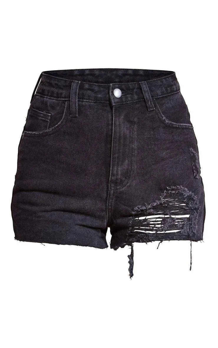 Washed Black Ripped Denim Mom Shorts