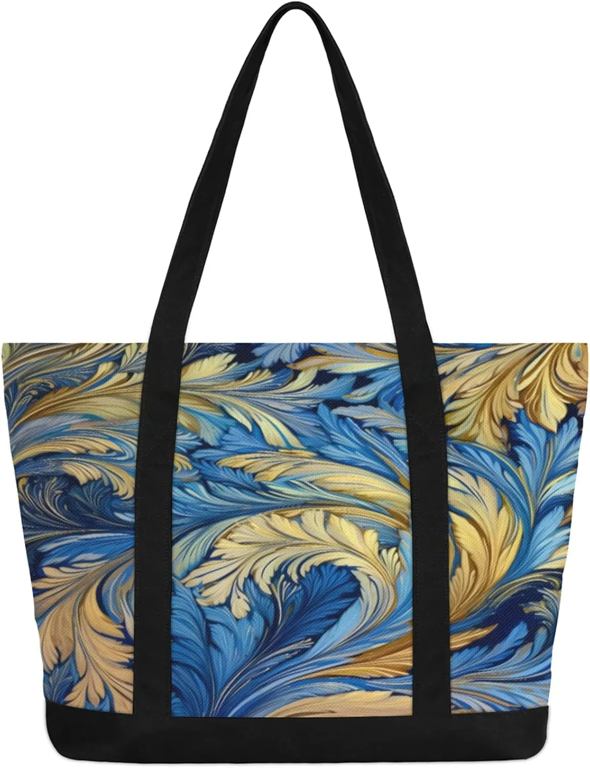 Watercolor Blue Wildflower Canvas Tote Bag Casual Shoulder Handbag Large Shopping Bags With 5 Pocket