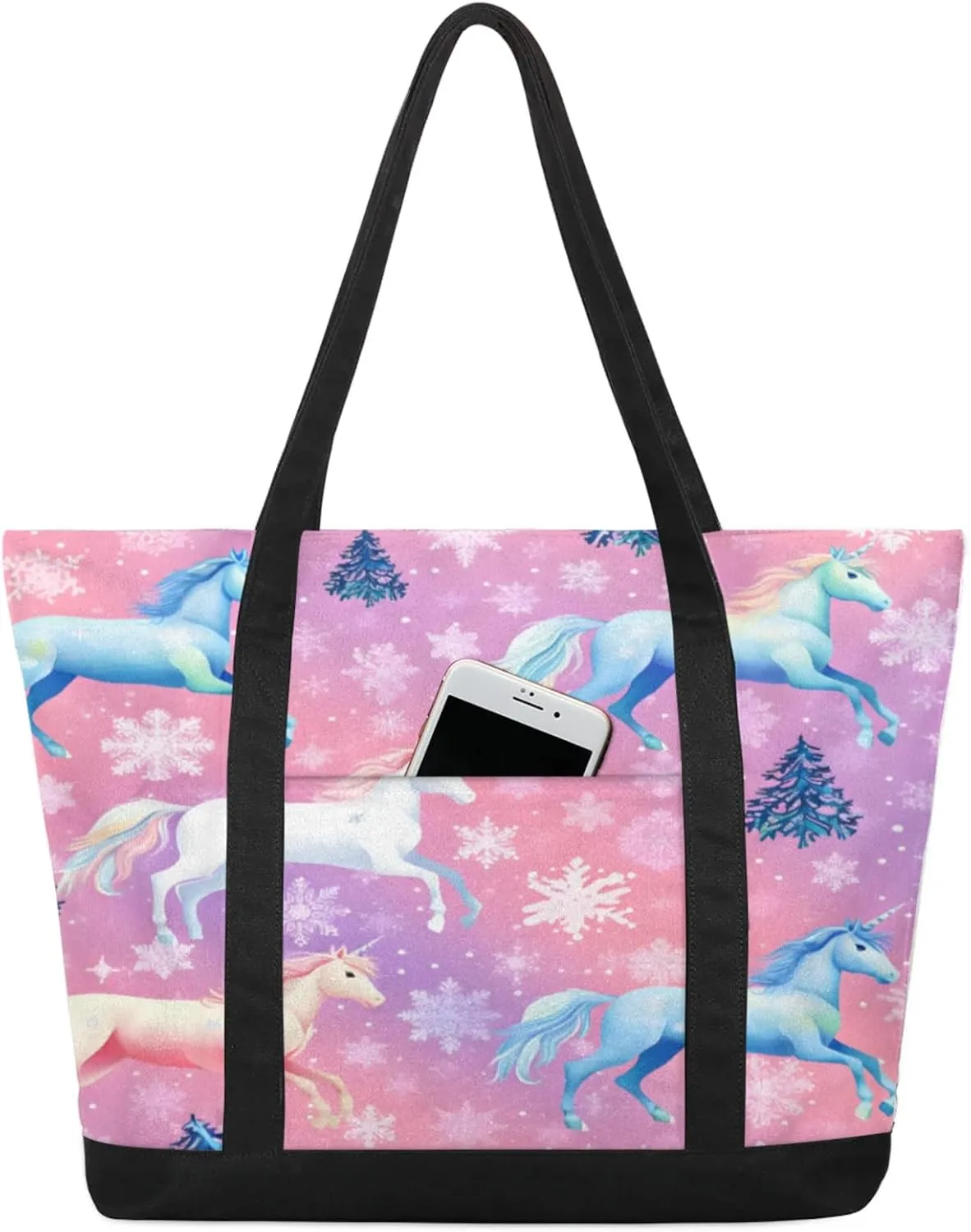 Watercolor Blue Wildflower Canvas Tote Bag Casual Shoulder Handbag Large Shopping Bags With 5 Pocket