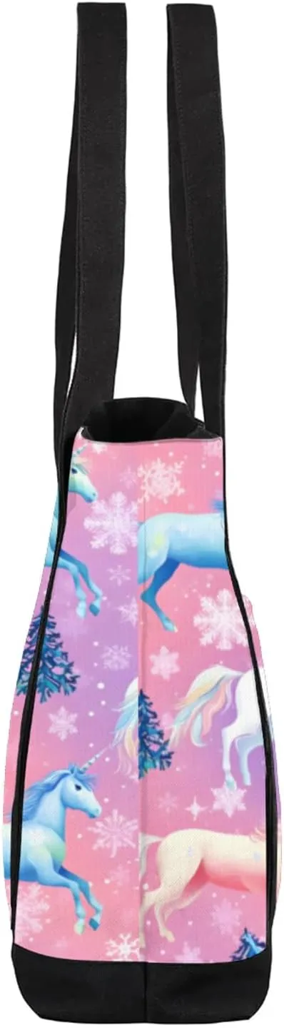 Watercolor Blue Wildflower Canvas Tote Bag Casual Shoulder Handbag Large Shopping Bags With 5 Pocket