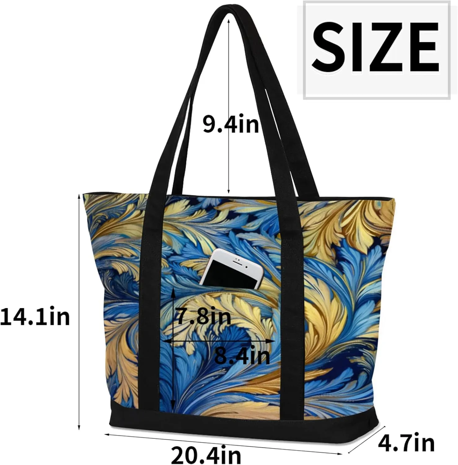Watercolor Blue Wildflower Canvas Tote Bag Casual Shoulder Handbag Large Shopping Bags With 5 Pocket