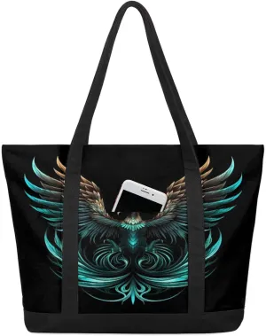 Watercolor Blue Wildflower Canvas Tote Bag Casual Shoulder Handbag Large Shopping Bags With 5 Pocket