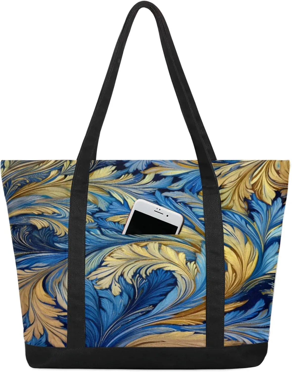 Watercolor Blue Wildflower Canvas Tote Bag Casual Shoulder Handbag Large Shopping Bags With 5 Pocket