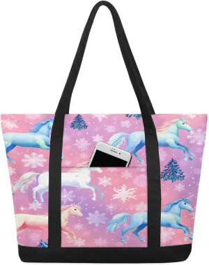 Watercolor Blue Wildflower Canvas Tote Bag Casual Shoulder Handbag Large Shopping Bags With 5 Pocket
