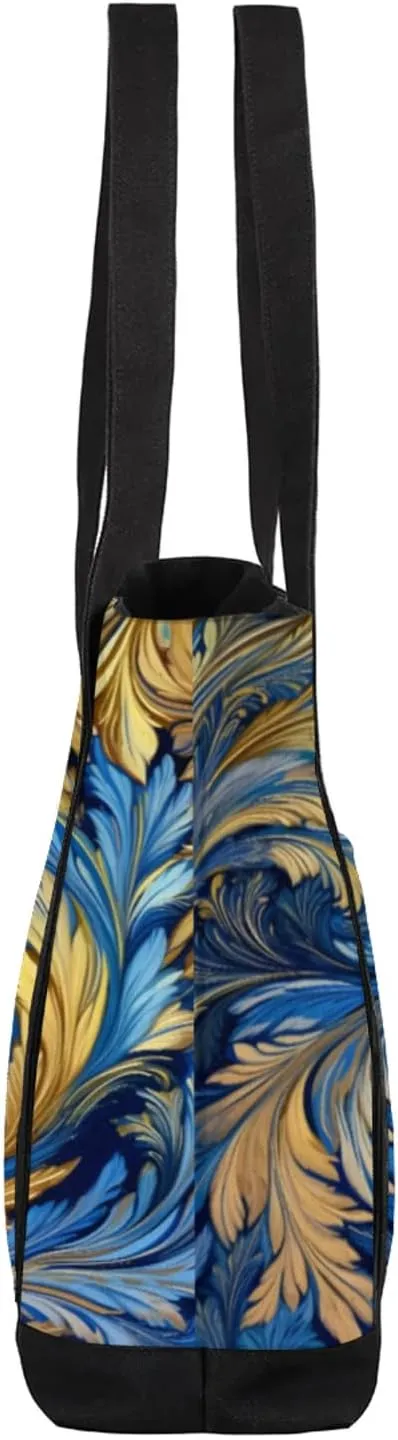 Watercolor Blue Wildflower Canvas Tote Bag Casual Shoulder Handbag Large Shopping Bags With 5 Pocket