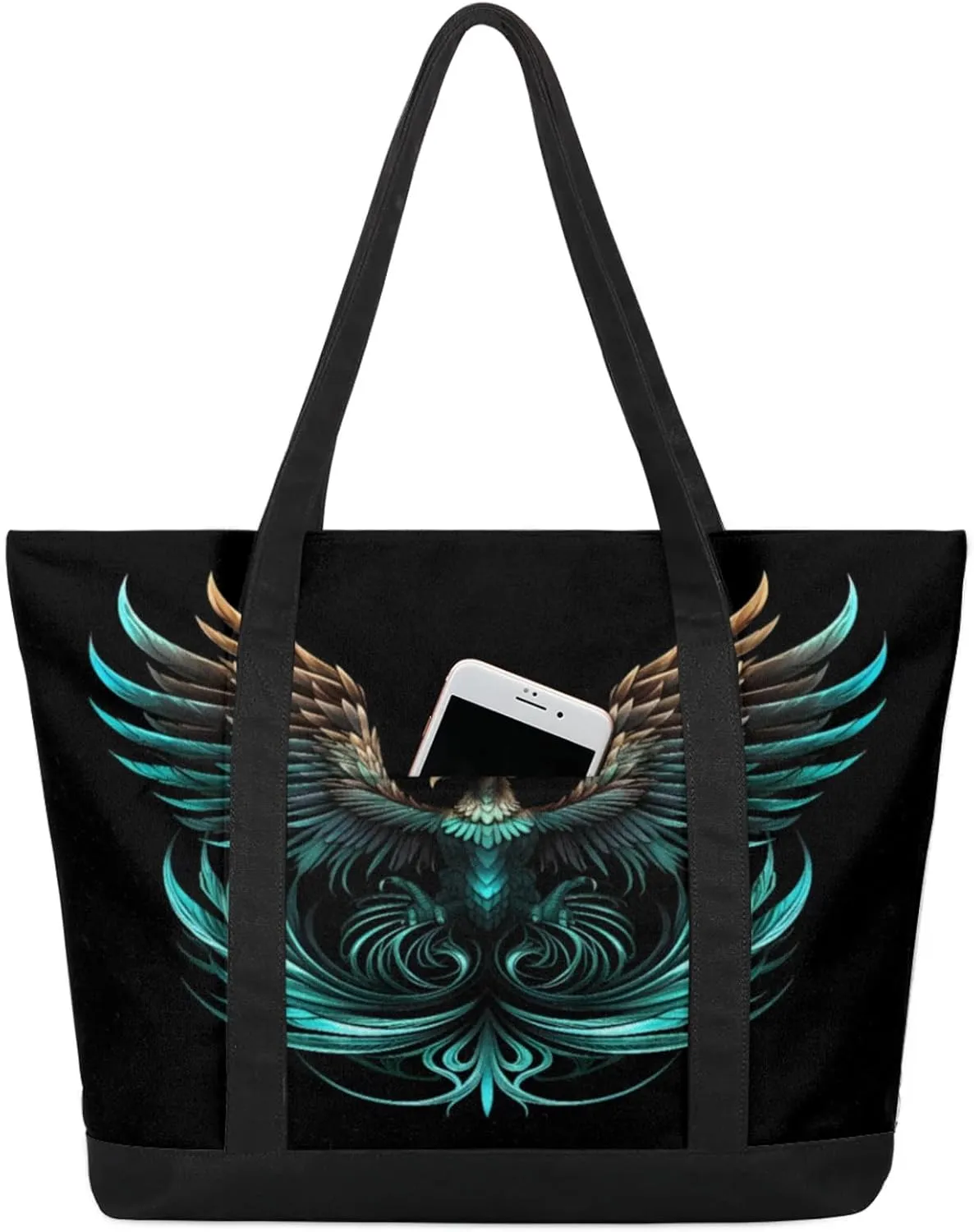 Watercolor Blue Wildflower Canvas Tote Bag Casual Shoulder Handbag Large Shopping Bags With 5 Pocket