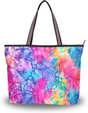 Watercolor Fluid Tote Bag for Women with Zipper, Casual Handbag Reusable Grocery Bag Lare Size
