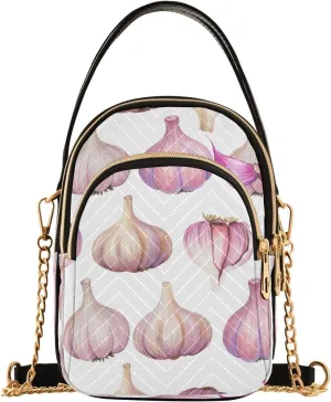 Watercolor Garlic Bulbs White Multi Pockets Crossbody Bags for Women Zip Cell Phone Purse Wallet Bag with Detachable Shoulder Strap Travel Purse for Girls Women Trendy Gift Shopping Working Traveling