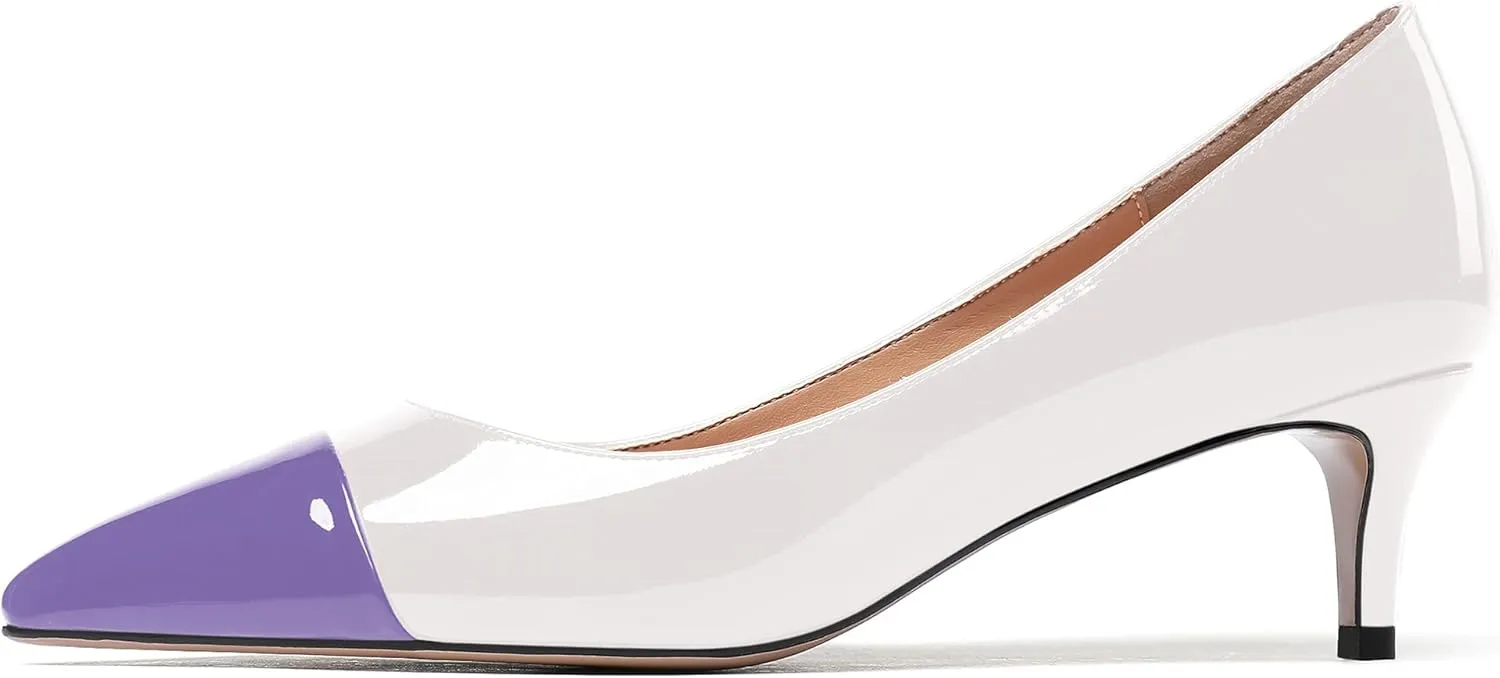 WAYDERNS Women's Patchwork Patent Leather Pointed Toe Slip On Kitten Low Heel Pumps Office Work Dress Shoes 2 Inch