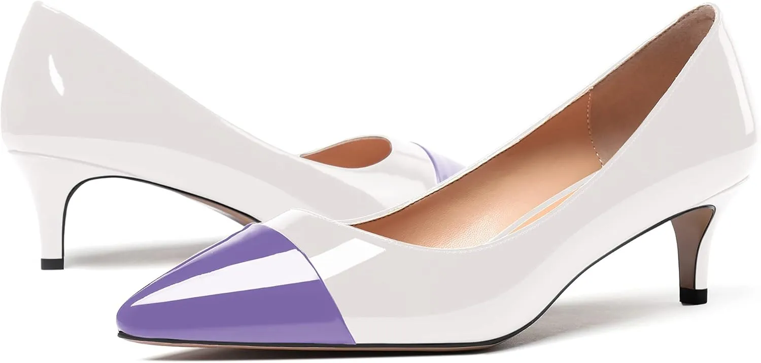 WAYDERNS Women's Patchwork Patent Leather Pointed Toe Slip On Kitten Low Heel Pumps Office Work Dress Shoes 2 Inch