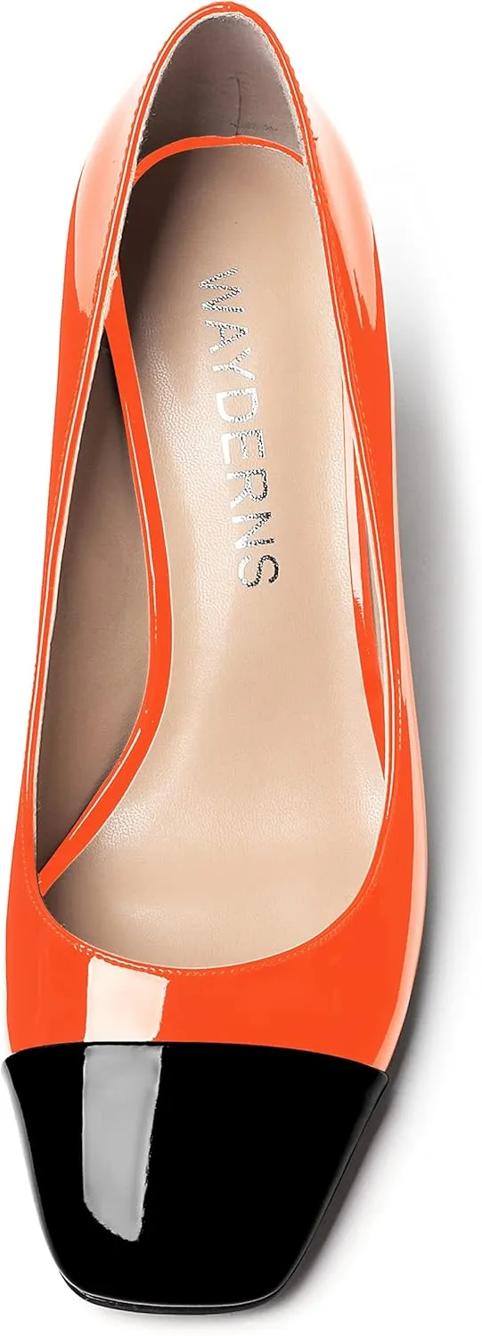 WAYDERNS Women's Square Toe Solid Slip On Patent Leather Patchwork Block High Heel Pumps 3 Inch