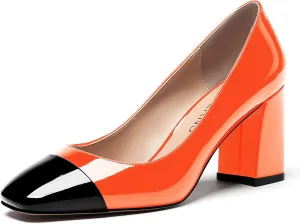 WAYDERNS Women's Square Toe Solid Slip On Patent Leather Patchwork Block High Heel Pumps 3 Inch