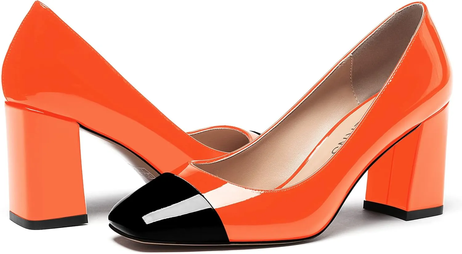 WAYDERNS Women's Square Toe Solid Slip On Patent Leather Patchwork Block High Heel Pumps 3 Inch