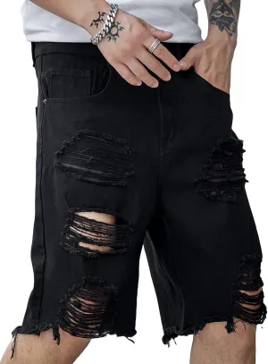 WDIRARA Men's Ripped Denim Shorts Straight Leg Raw Hem Frayed Distressed Jean Shorts Pants