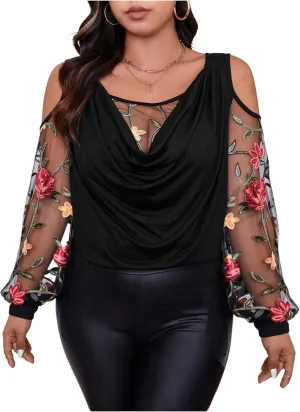 WDIRARA Women's Plus Size Floral Embroidered Tees Sheer Mesh T Shirt Cold Shoulder Long Sleeve Tops