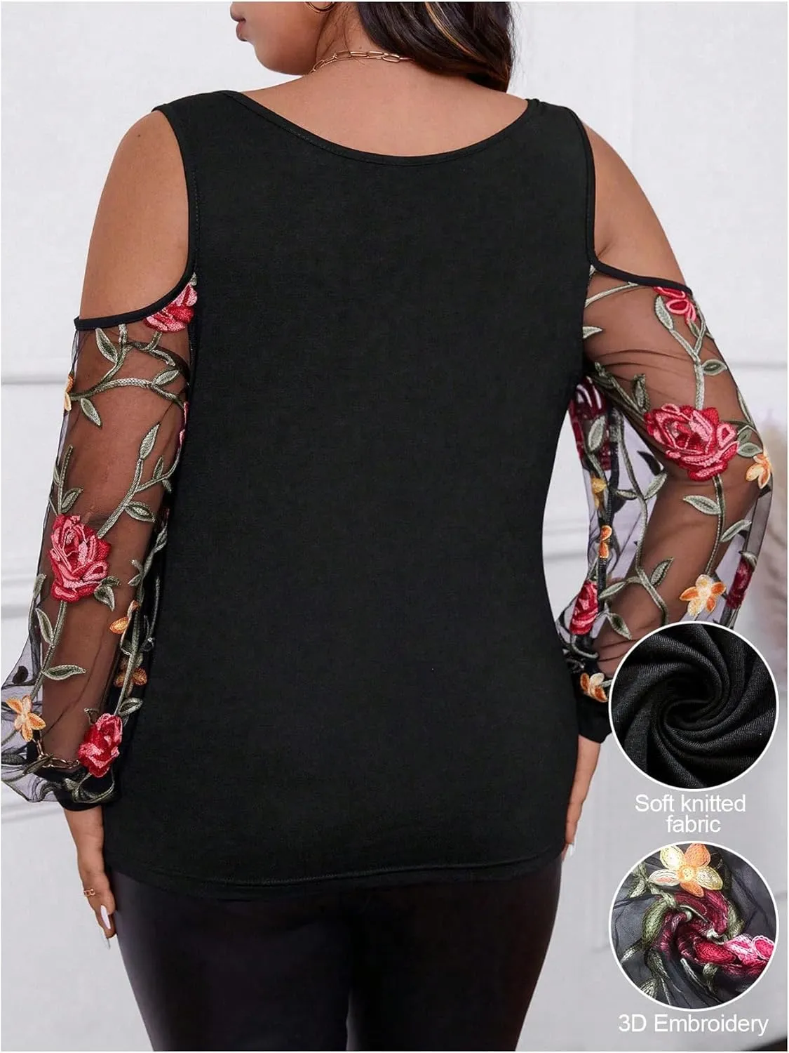 WDIRARA Women's Plus Size Floral Embroidered Tees Sheer Mesh T Shirt Cold Shoulder Long Sleeve Tops