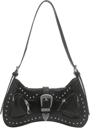 WDIRARA Women's Studded Detail Underarm Bag Buckle Decor Clutch Purse Flap Zipper Funky Shoulder Handbag