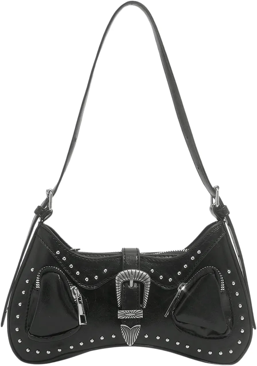 WDIRARA Women's Studded Detail Underarm Bag Buckle Decor Clutch Purse Flap Zipper Funky Shoulder Handbag