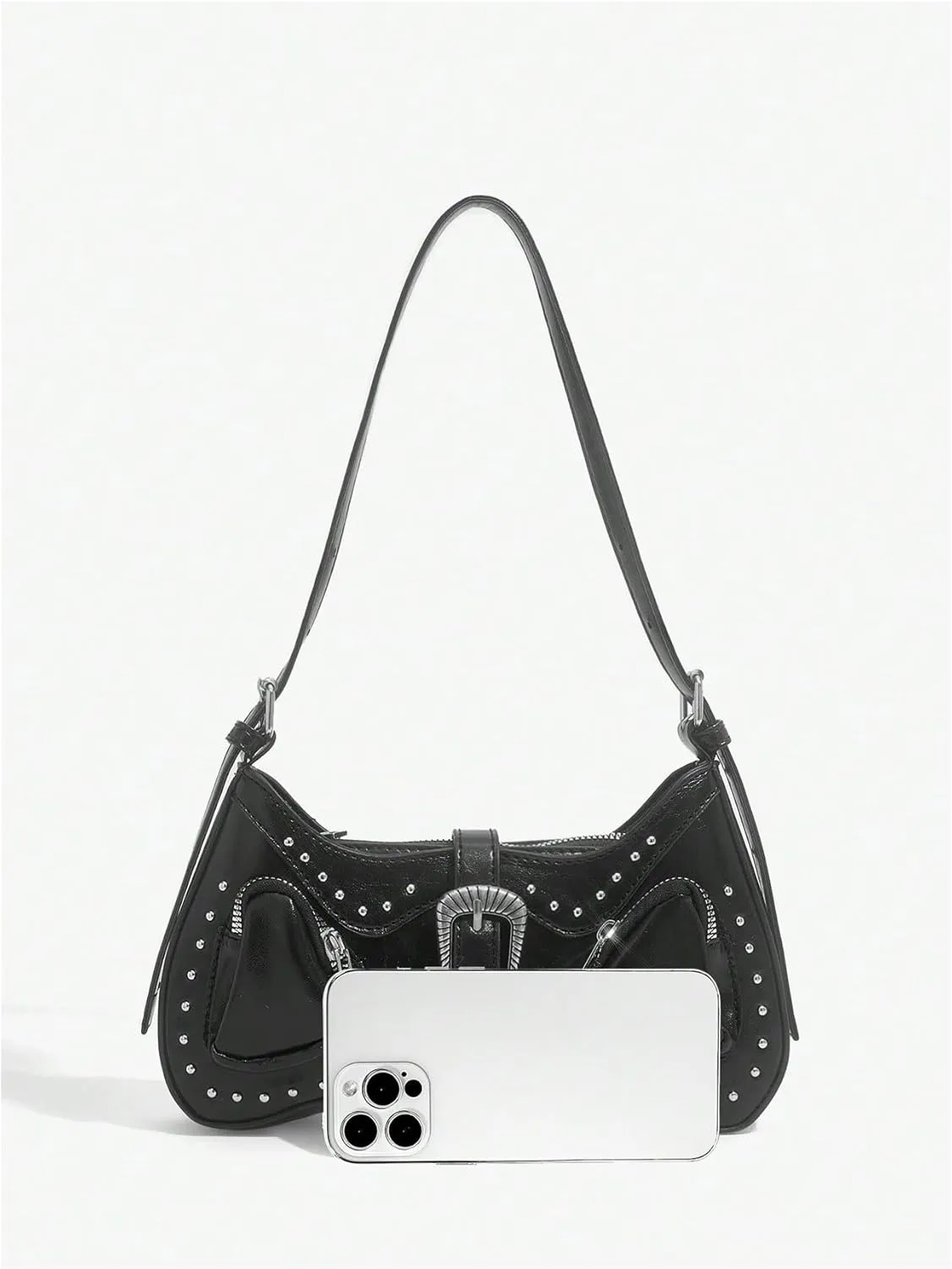 WDIRARA Women's Studded Detail Underarm Bag Buckle Decor Clutch Purse Flap Zipper Funky Shoulder Handbag